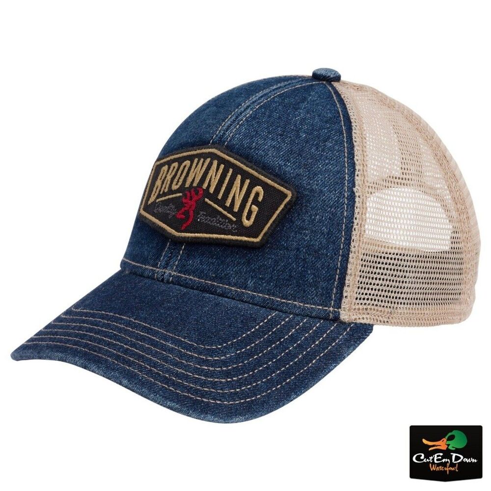 Browning Slack Denim Men's Snapback Trucker Hat Blue Mesh Back One Size